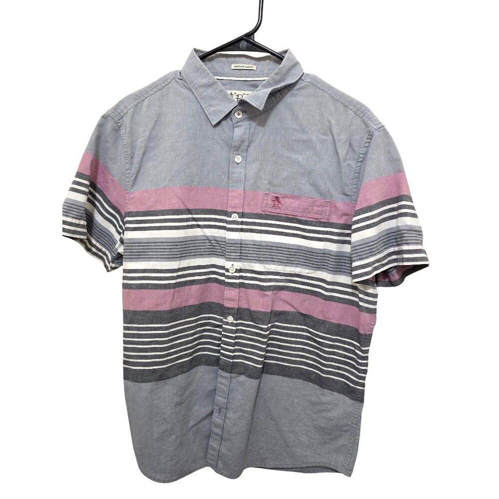Original Penguin Men L Heritage Slim Fit Striped Button Down Short Sleeve Shirt